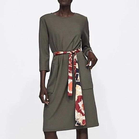 Zara Dresses & Skirts - Zara Olive Green Midi Dress with Satin Scarf Belt - Size S